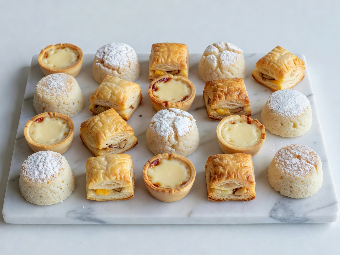 Assorted traditional Portuguese pastries including bolo de arroz, travesseiro and queijada on a marble slab