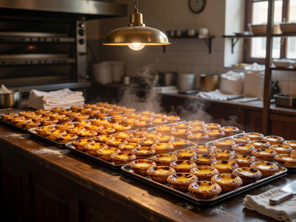 Bakery counter in the early morning with trays of freshly baked pastéis de nata cooling under a brass lamp