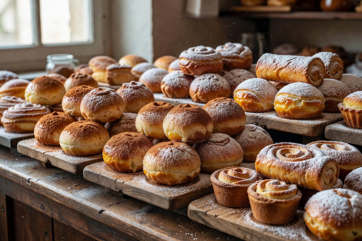 Bakery display of Portuguese convent pastries dusted with cinnamon and icing sugar on wooden boards