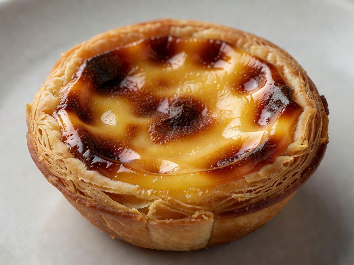 Close-up of a pastel de nata with a blistered caramelised custard top and flaky pastry shell