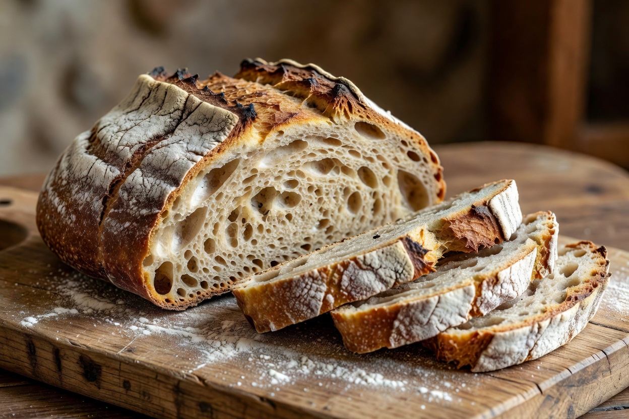 Cut pão alentejano sourdough loaf on a wooden board showing an open crumb and thick floured crust