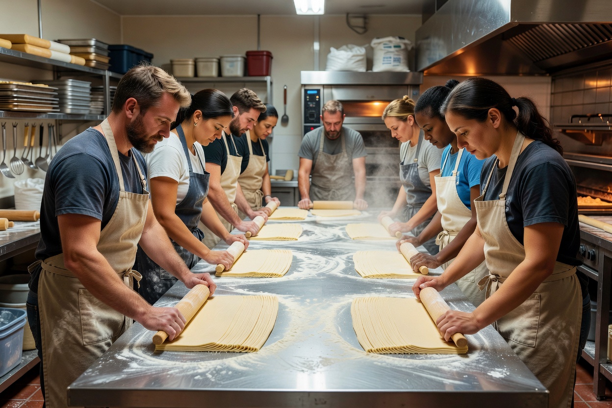 Group of workshop participants in aprons rolling laminated dough at a long steel table in a bakery kitchen