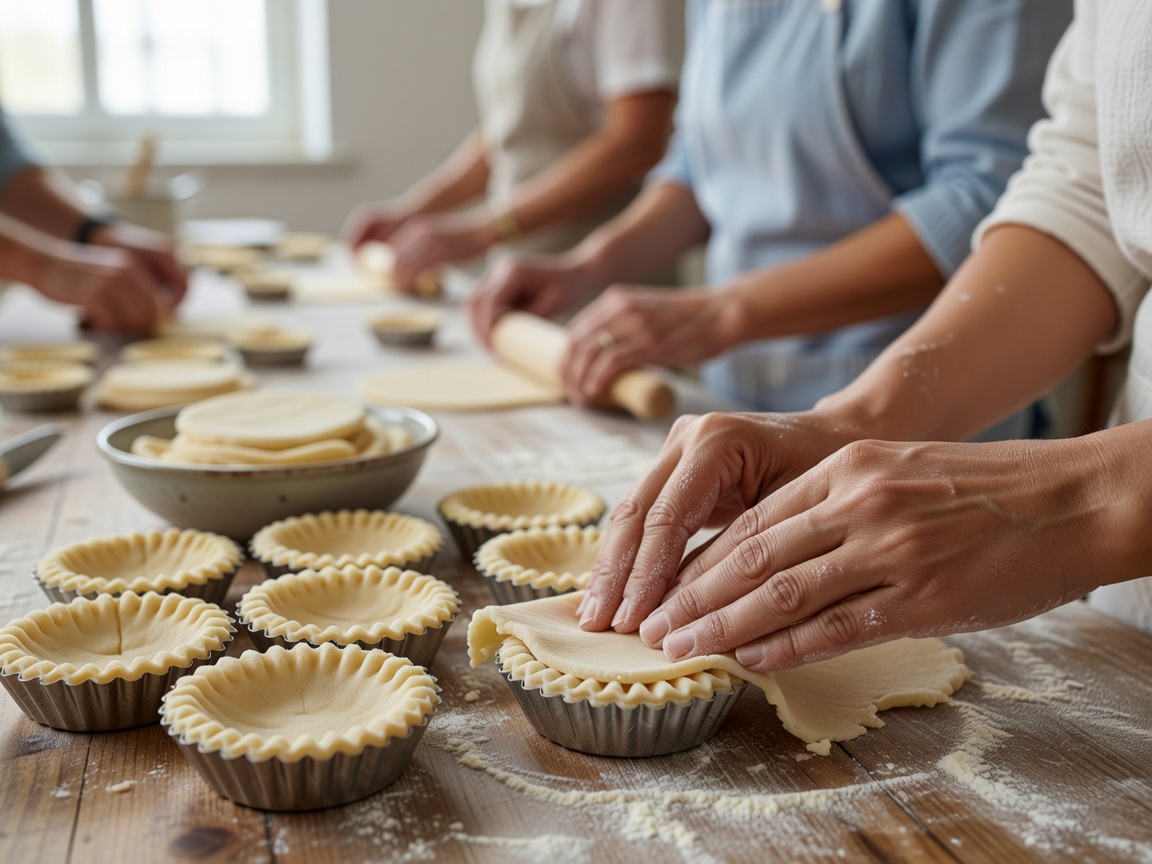 Hands pressing pastry dough into small fluted tins during a pastel de nata baking workshop