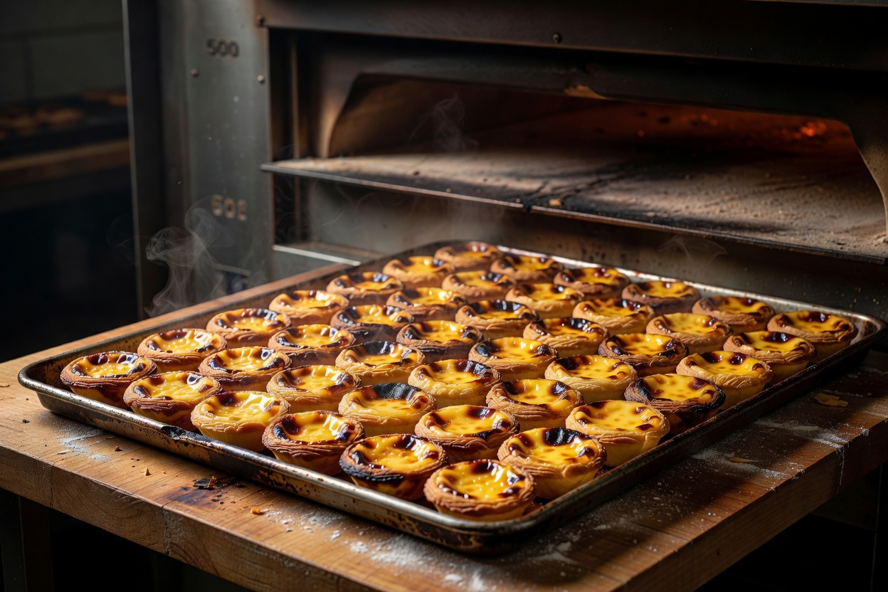 Metal tray of freshly baked pastéis de nata with dark caramelised spots, just removed from a deck oven