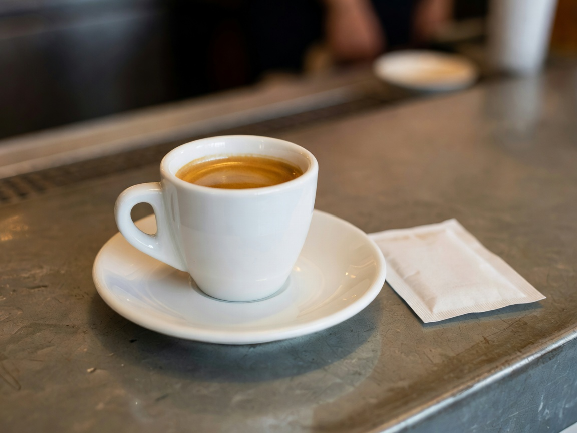 Small white cup of bica espresso on a saucer beside a sugar sachet on a zinc bar counter