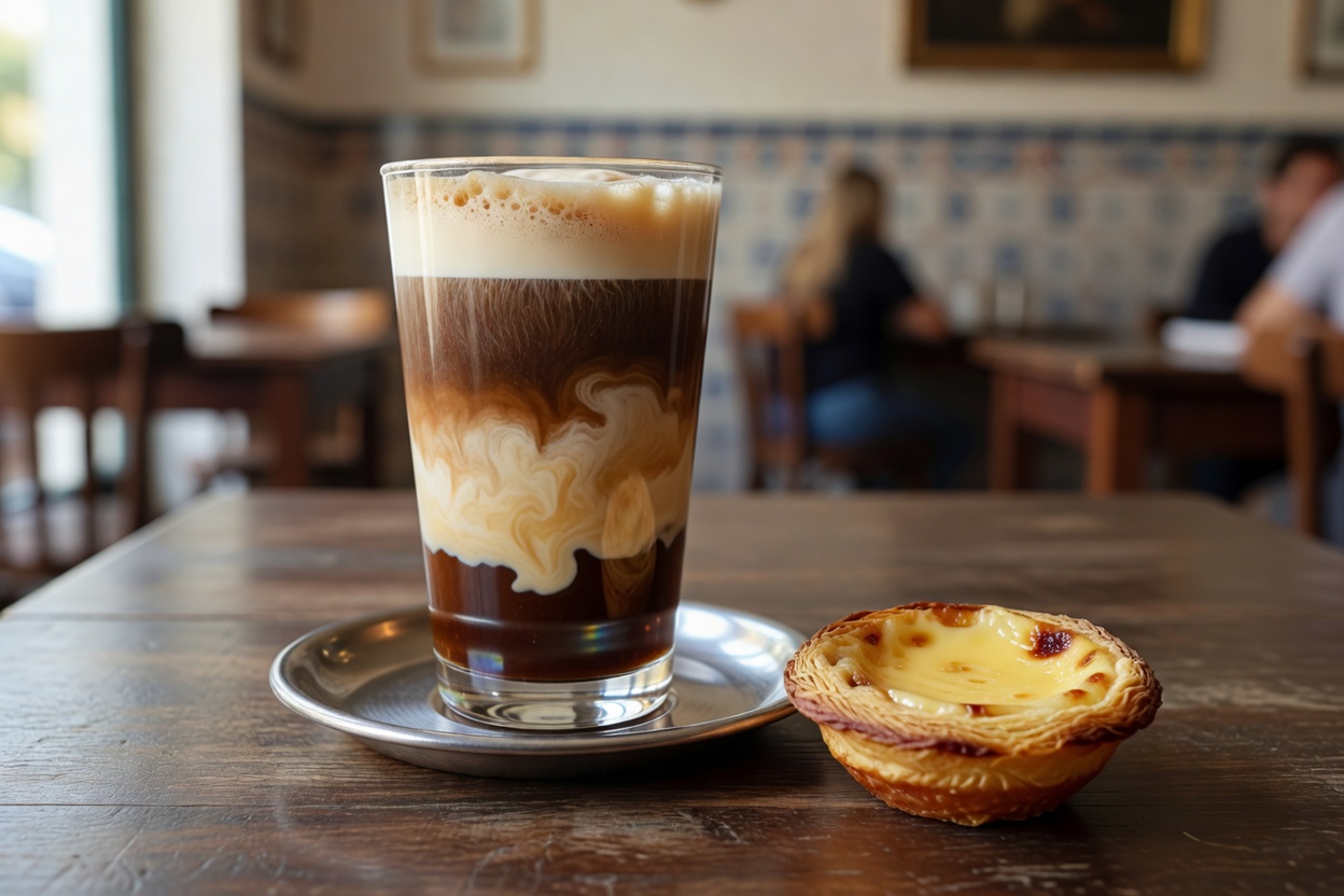 Tall glass of galão milky coffee on a metal saucer beside a pastel de nata on a café table