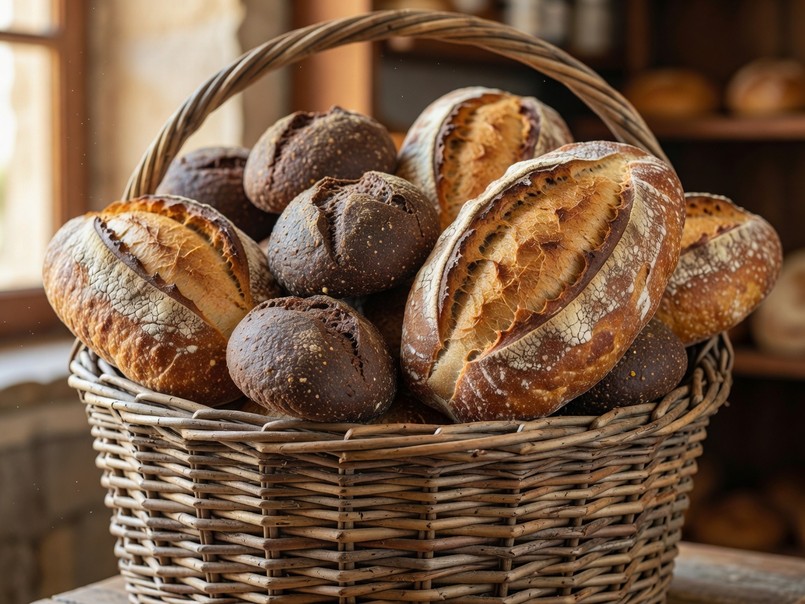 Wicker basket filled with crusty sourdough loaves and dark broa de milho corn bread
